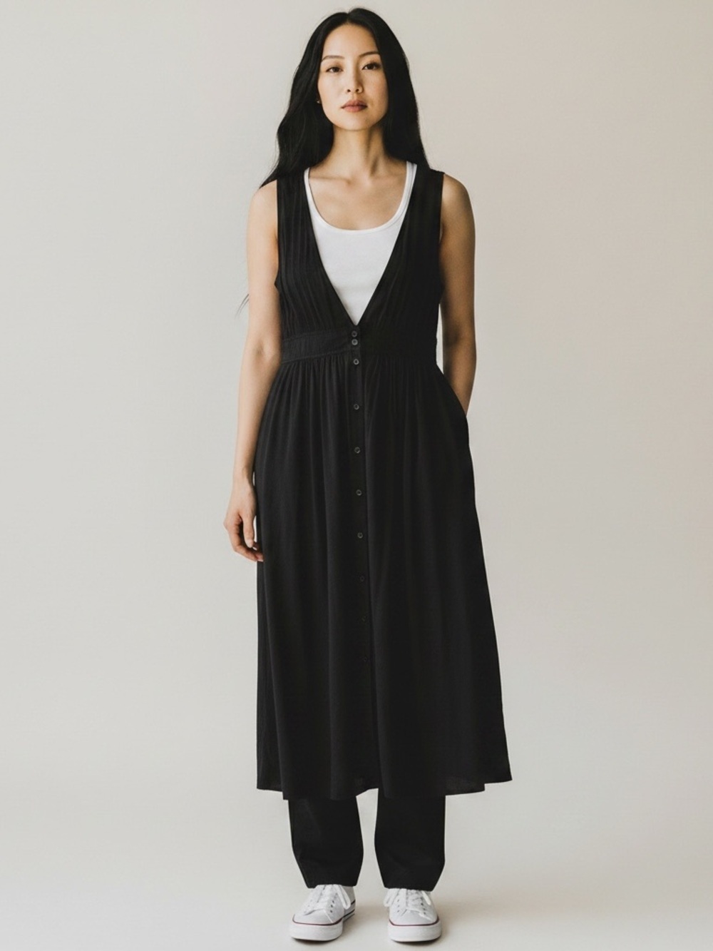 Dreamers Black Sleeveless V-Neck Midi Dress with Button Front